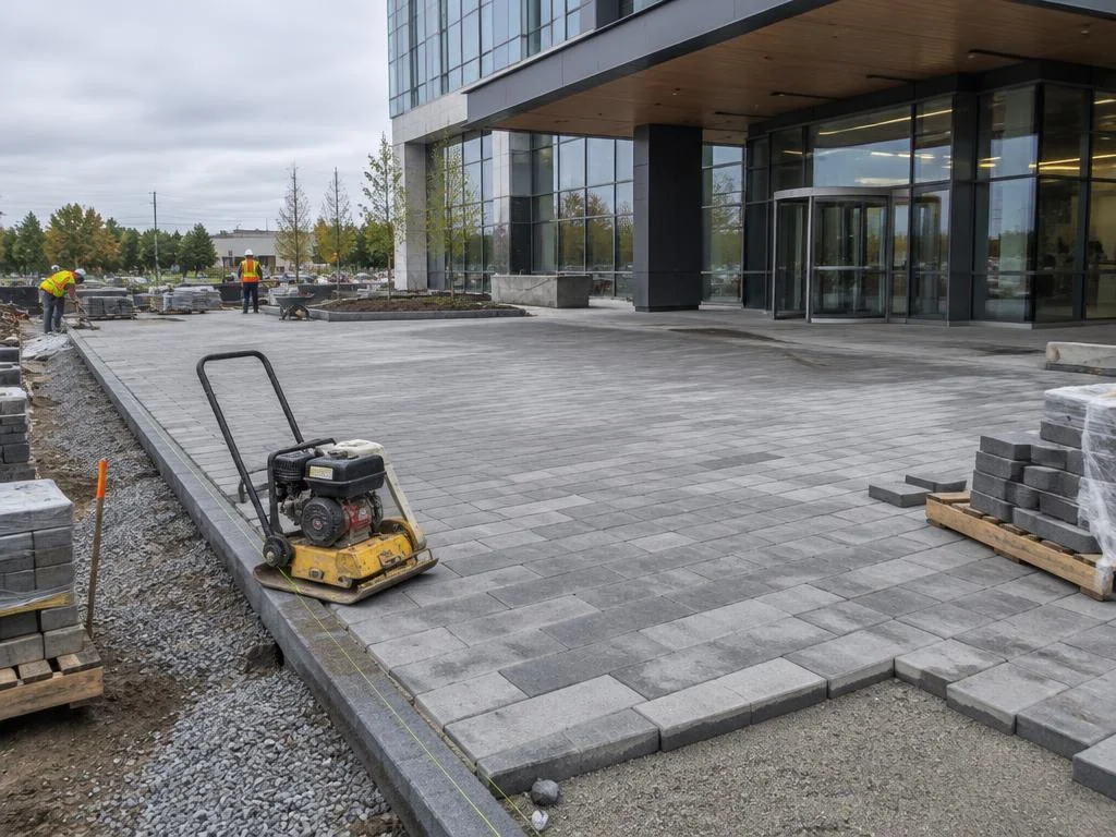 Paver plaza under construction outside a commercial entrance with a plate compactor nearby