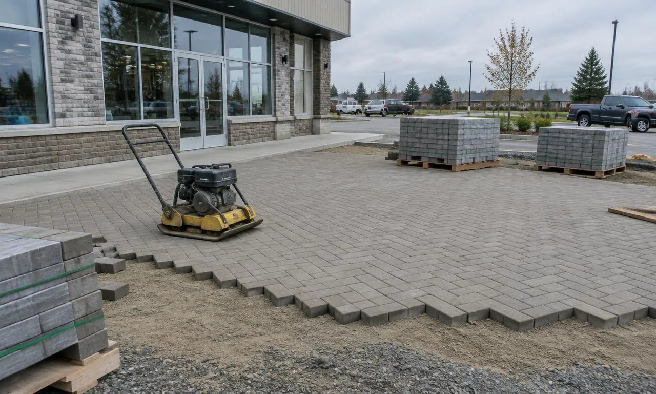 Partially laid concrete paver plaza outside a commercial storefront with plate compactor and pallets