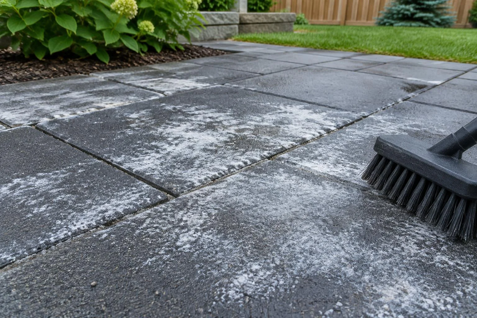 White powdery haze on charcoal pavers with a plastic-bristle brush nearby