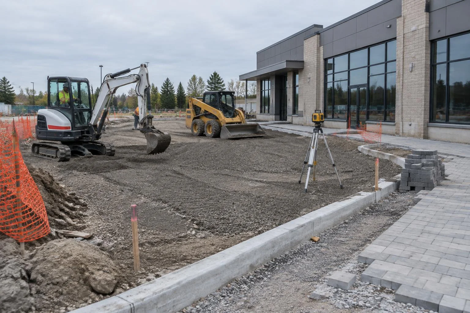 Mini-excavator and skid steer grading granular base beside a new commercial building's curb