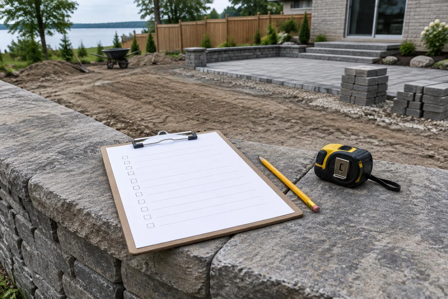 Clipboard with a blank checklist, pencil and tape measure on a stone seat wall in a backyard under construction