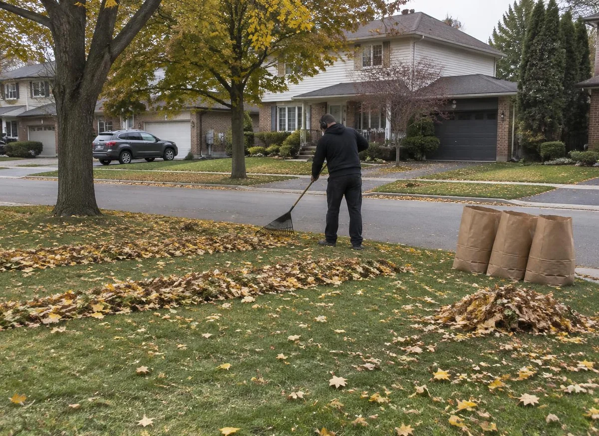 Worker raking maple leaves into rows beside yard-waste bags on a suburban lawn