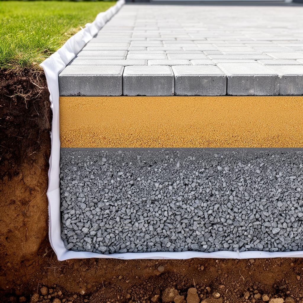 Crew installing properly engineered compacted granular base with plate compactor for interlock driveway Hamilton Ontario Antoine Landscape Contractors