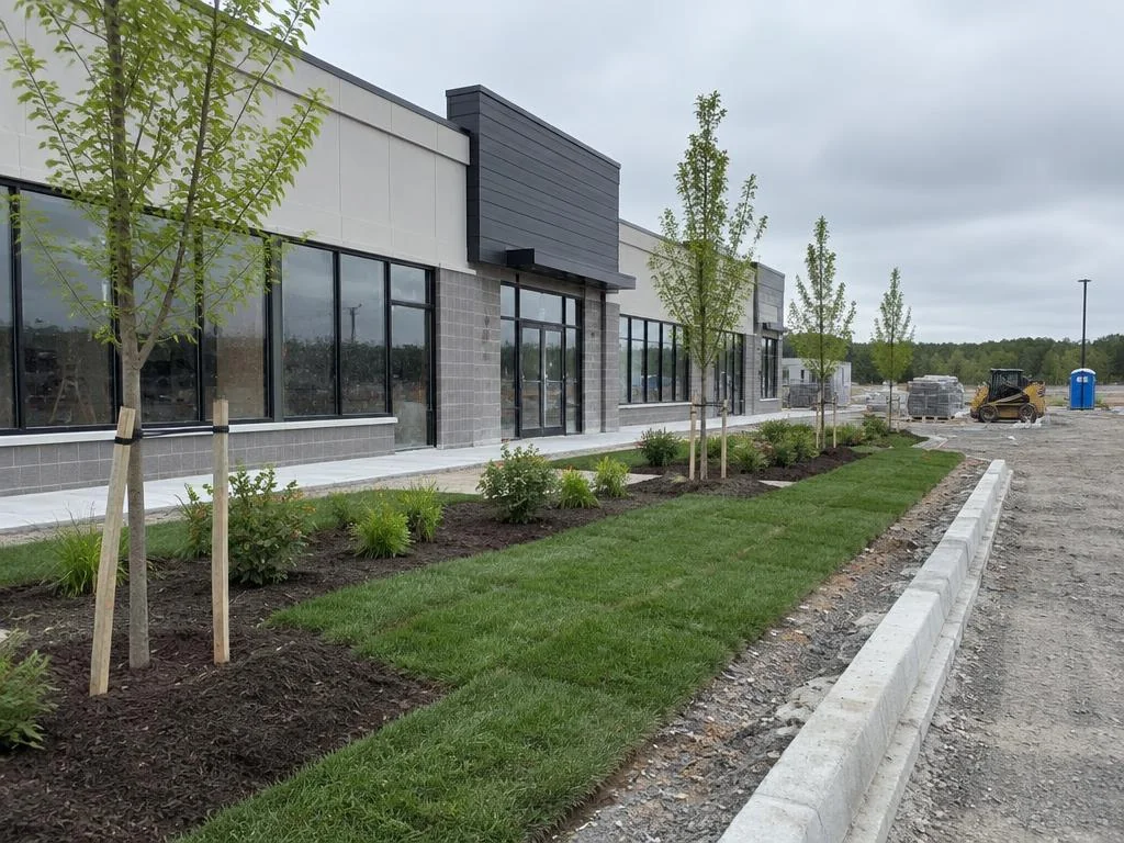 New sod, planted trees and mulched beds at a commercial building frontage