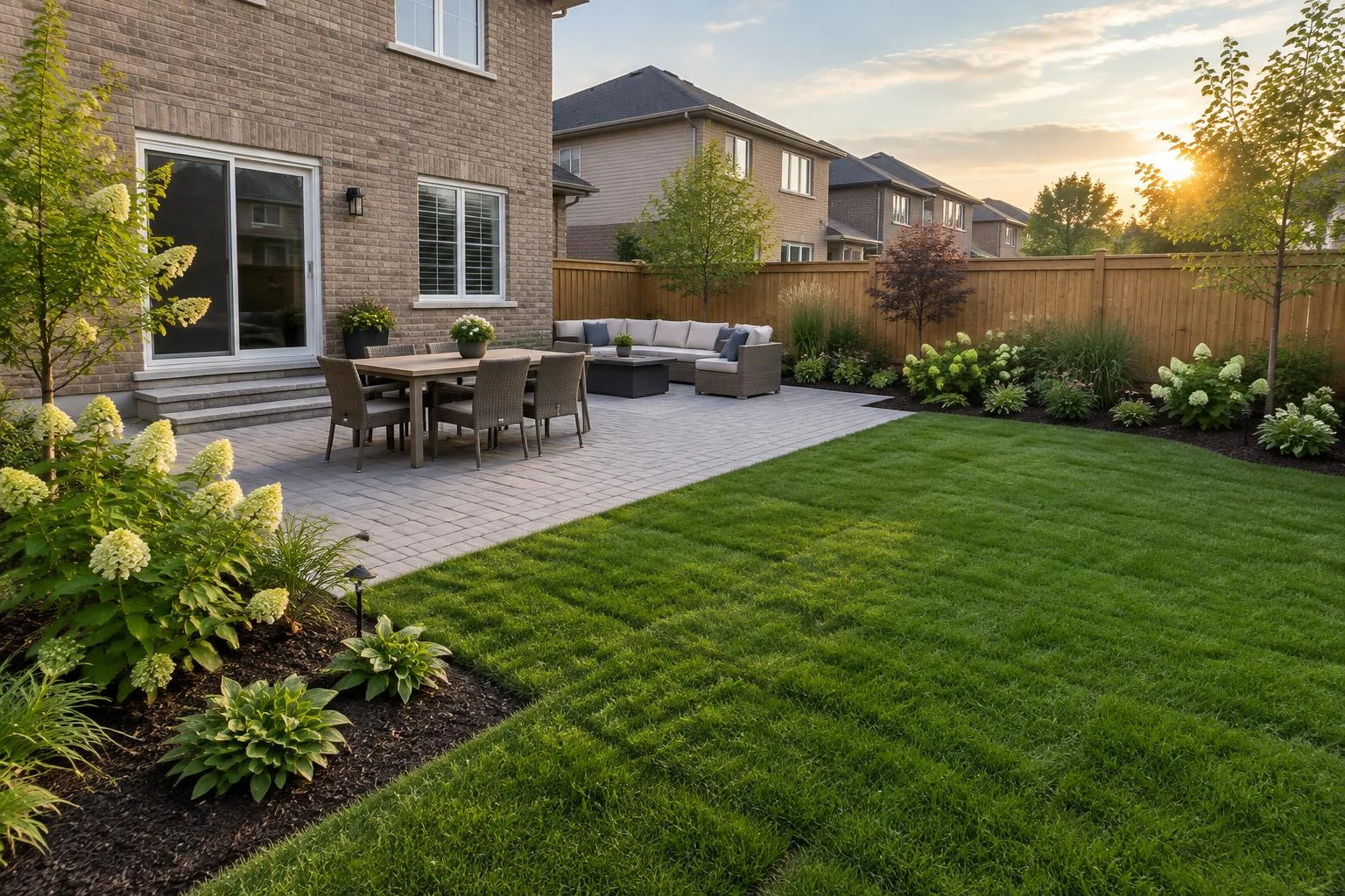 Suburban backyard with a paver patio, planted garden beds, fresh lawn and a wood fence at sunset