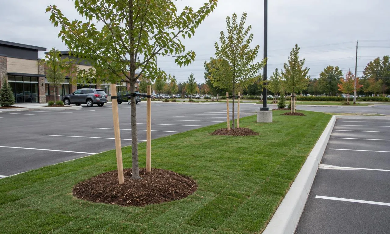New deciduous trees with stakes and mulch rings in sodded commercial parking island