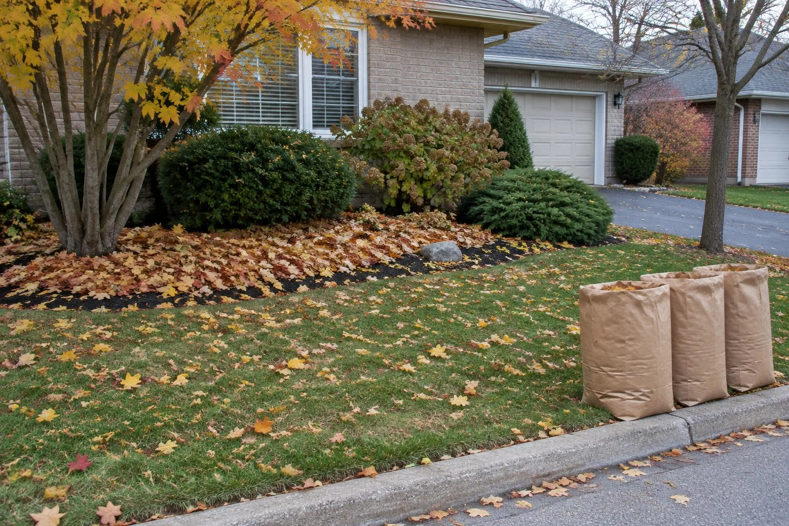 Late-October front yard with maple leaves raked under shrubs, a thin leaf layer on the lawn and paper yard-waste bags at the curb