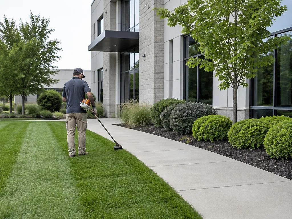 Crew edging a lawn along a walkway in front of a low commercial office building in summer