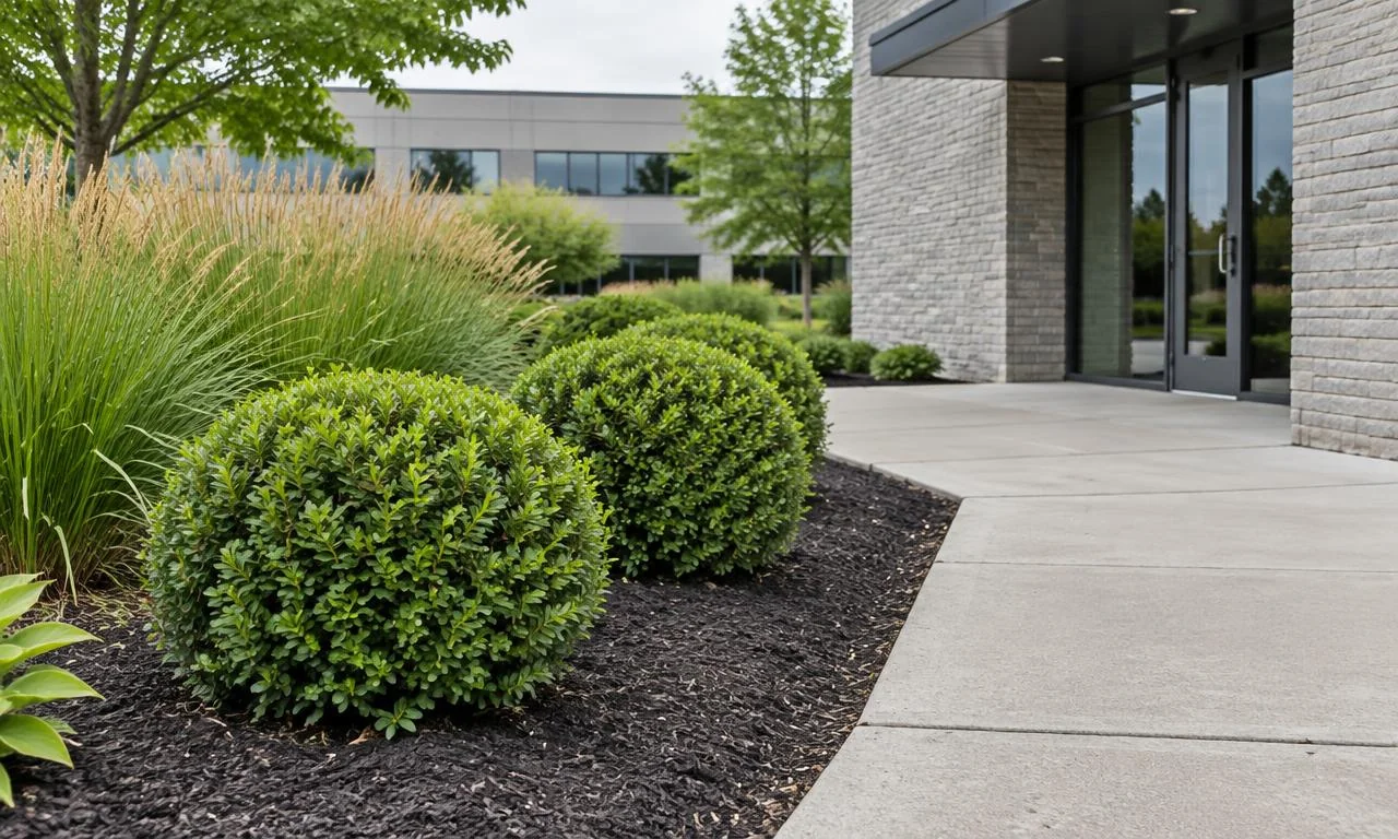Freshly edged and mulched shrub bed with pruned boxwood beside a commercial entrance walkway
