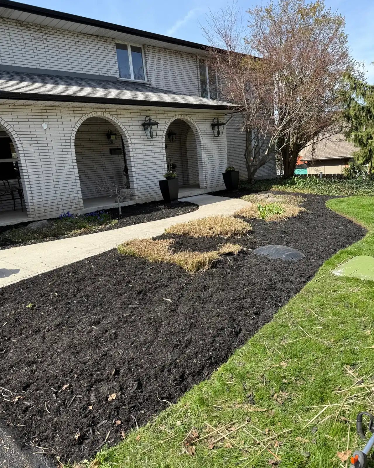 Fresh dark mulch planting bed with a curved lawn edge beside a front walkway