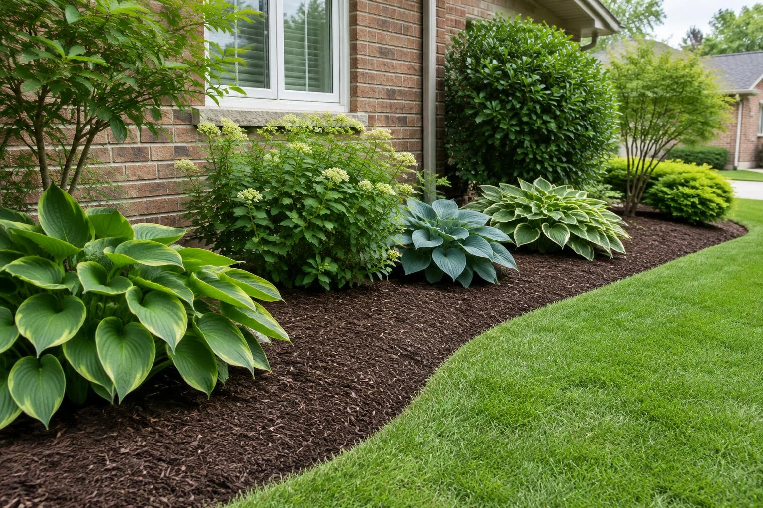 Dark brown shredded mulch in a curved garden bed with hostas and shrubs beside a brick house