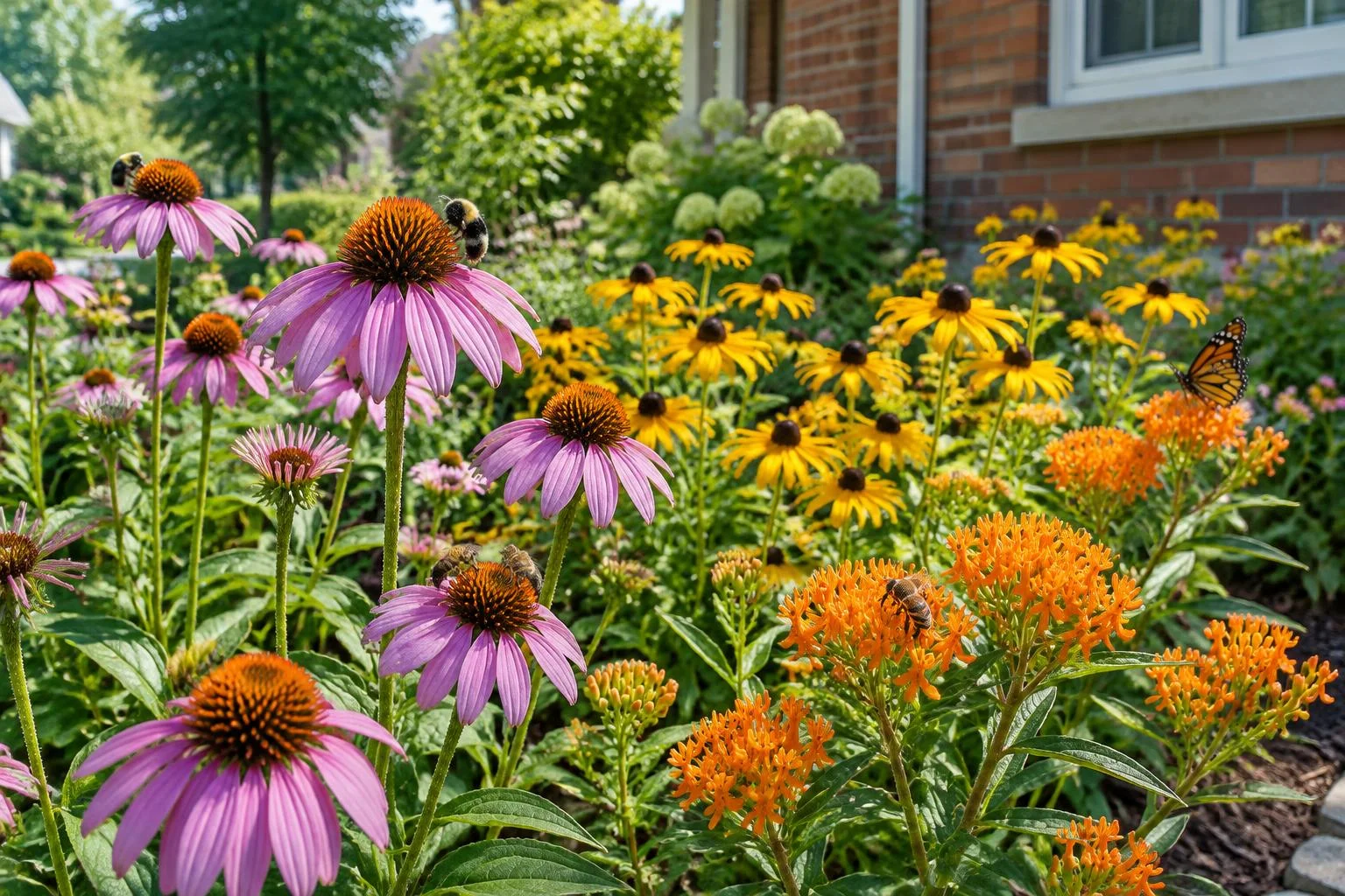 Front garden bed in summer with purple coneflowers, black-eyed Susans and orange butterfly weed visited by bees