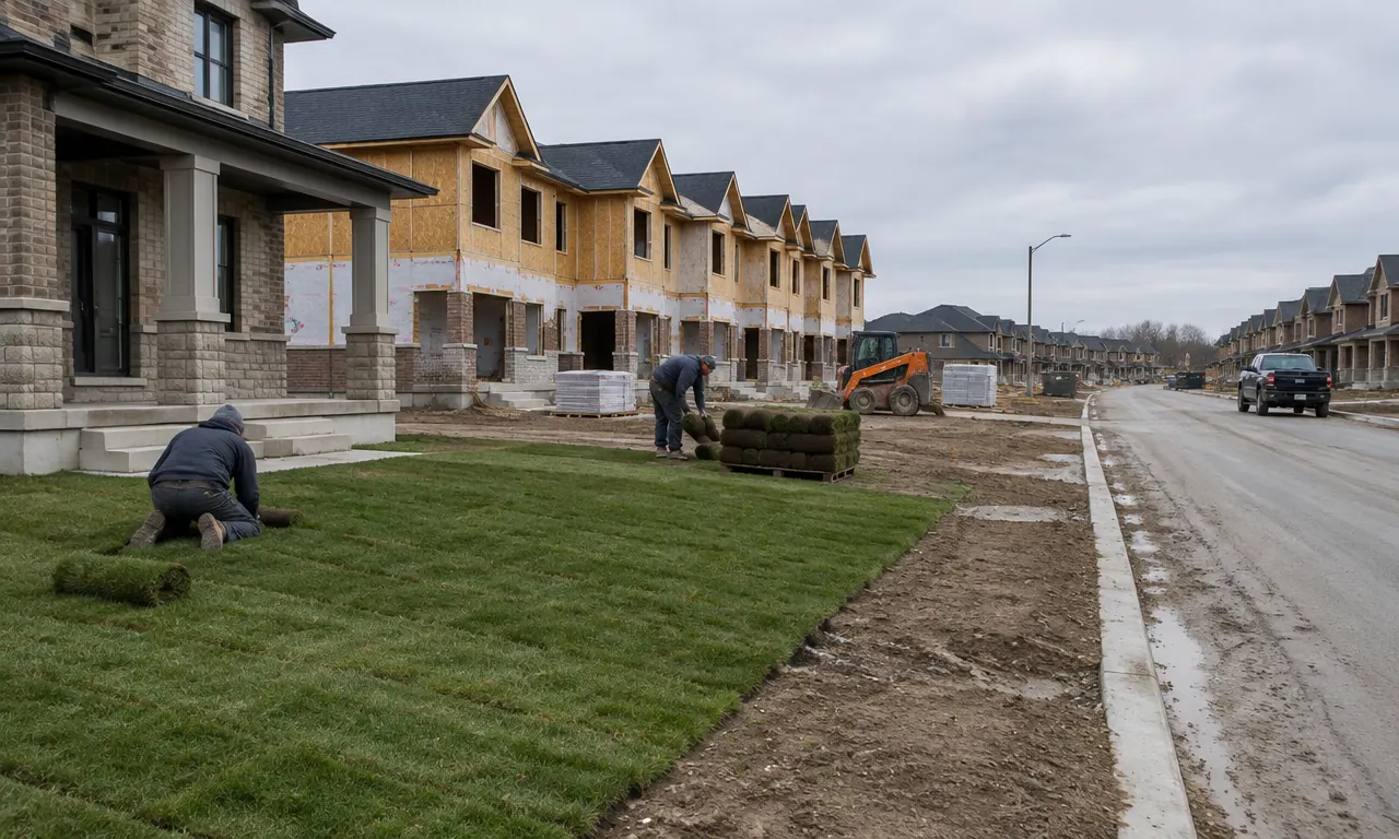 Sod being laid at a new townhouse development beside graded front lots