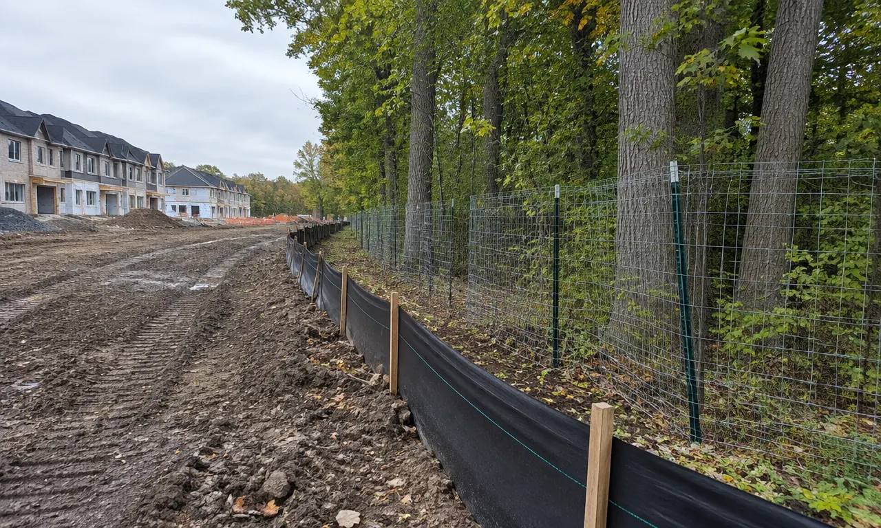 Sediment fence and wire tree-protection fencing along a development treeline