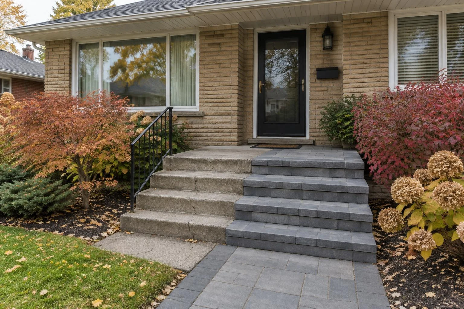 Weathered concrete steps beside grey paver steps at a brick bungalow entrance