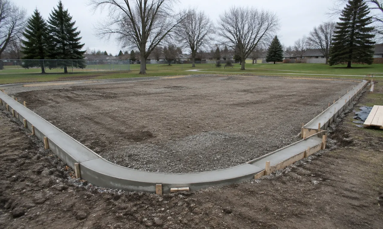Concrete curb surround being formed around an empty park play area