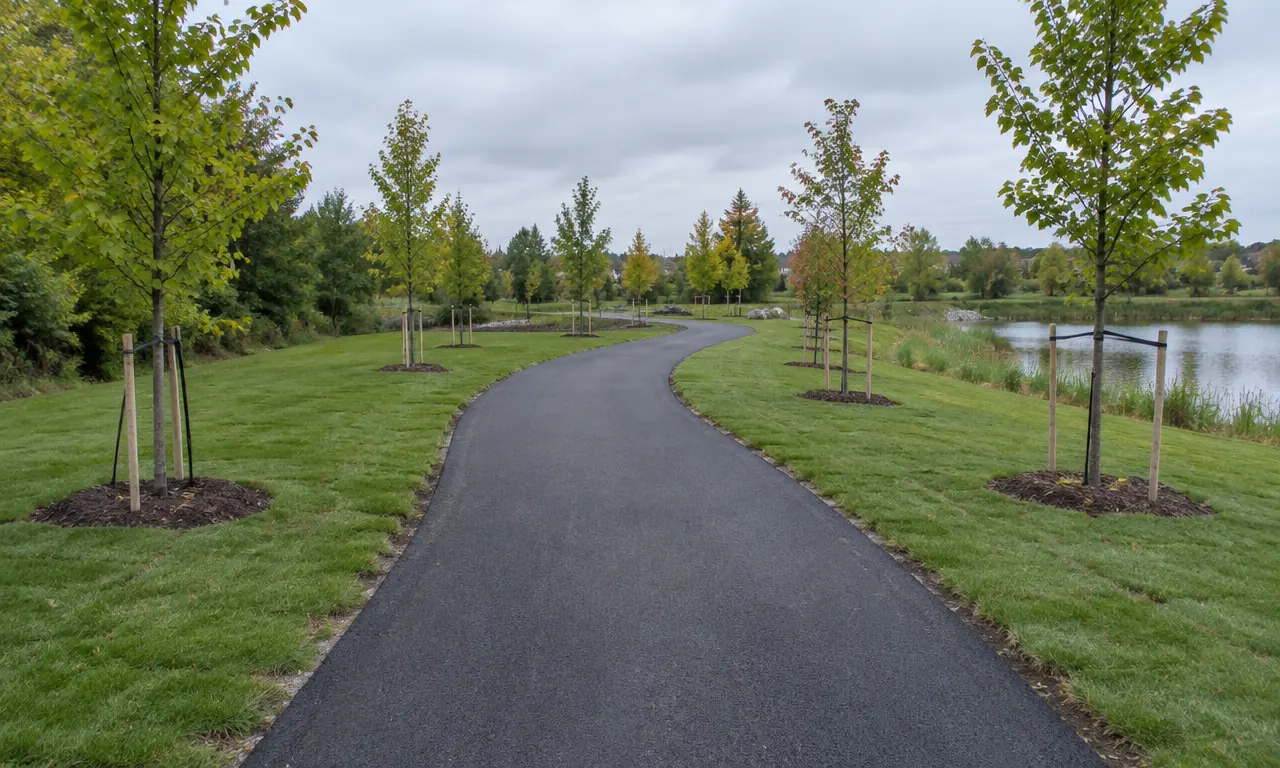 New asphalt path winding through a municipal park past planted trees and sod