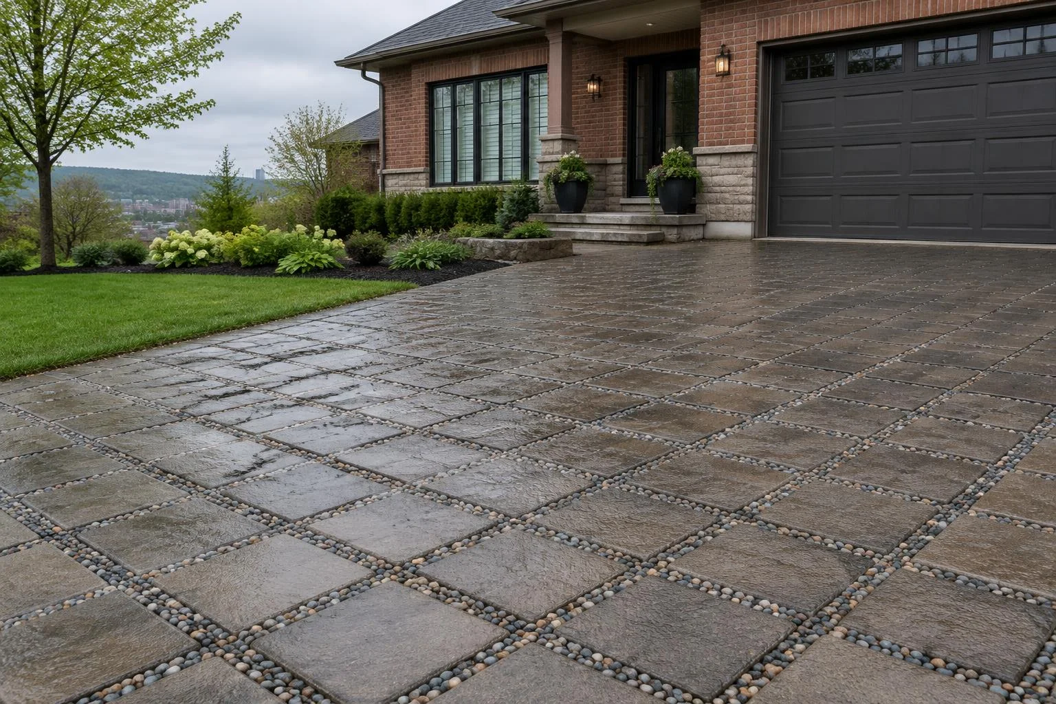 Rain-wet driveway pavers with wide stone-filled joints beside a brick house