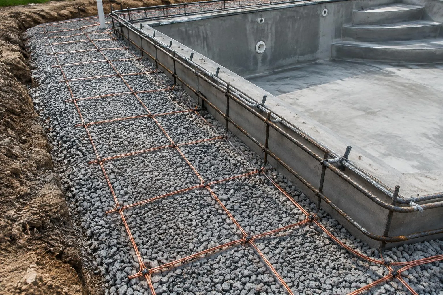 Bare copper bonding grid laid in gravel beside a new pool shell before the deck is poured