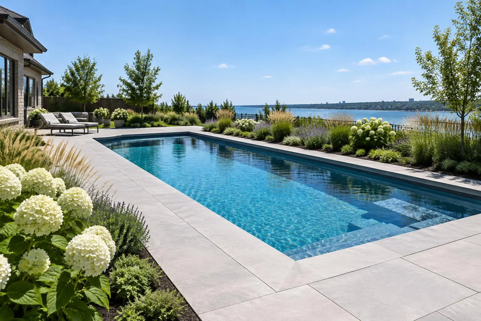 Modern rectangular pool with a light grey paver deck, ornamental grasses and hydrangeas, with the lake in the distance