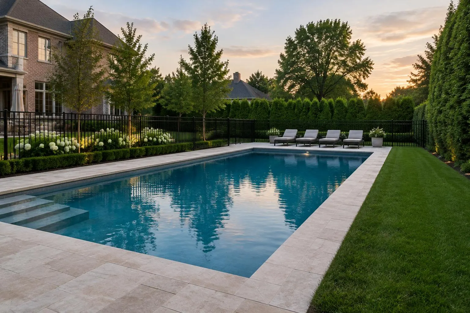 Large estate pool with natural stone coping, a black aluminum enclosure, hedges and a brick home at dusk
