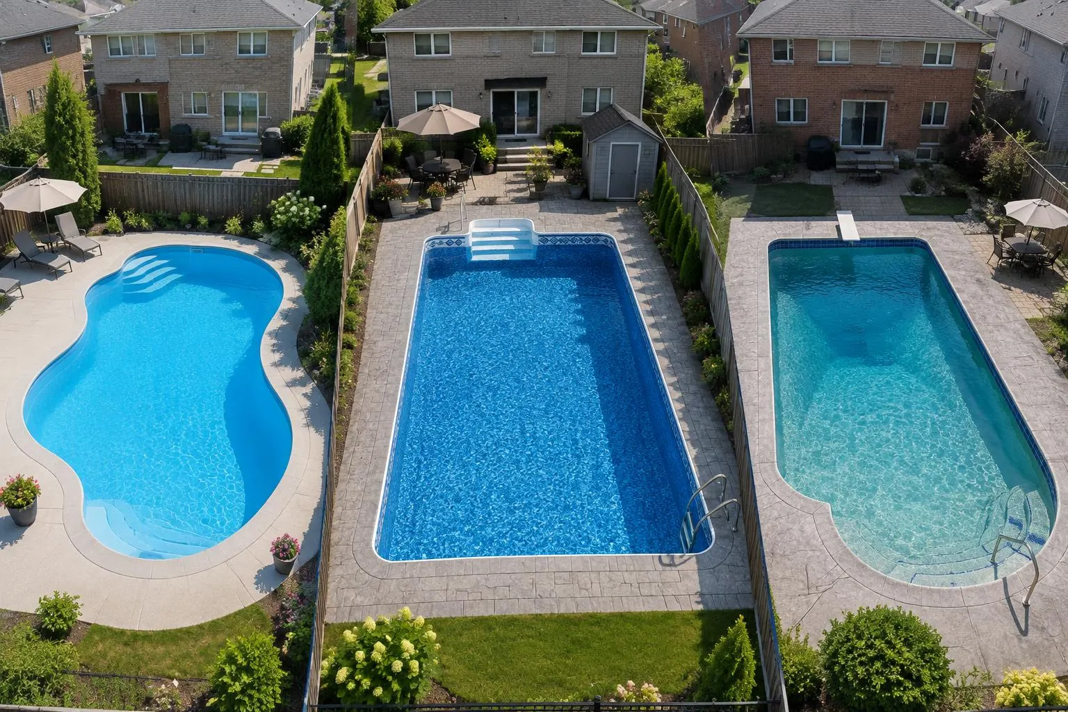 Three neighbouring backyard pools seen from above: a curved fibreglass pool, a patterned vinyl pool and a tiled concrete pool
