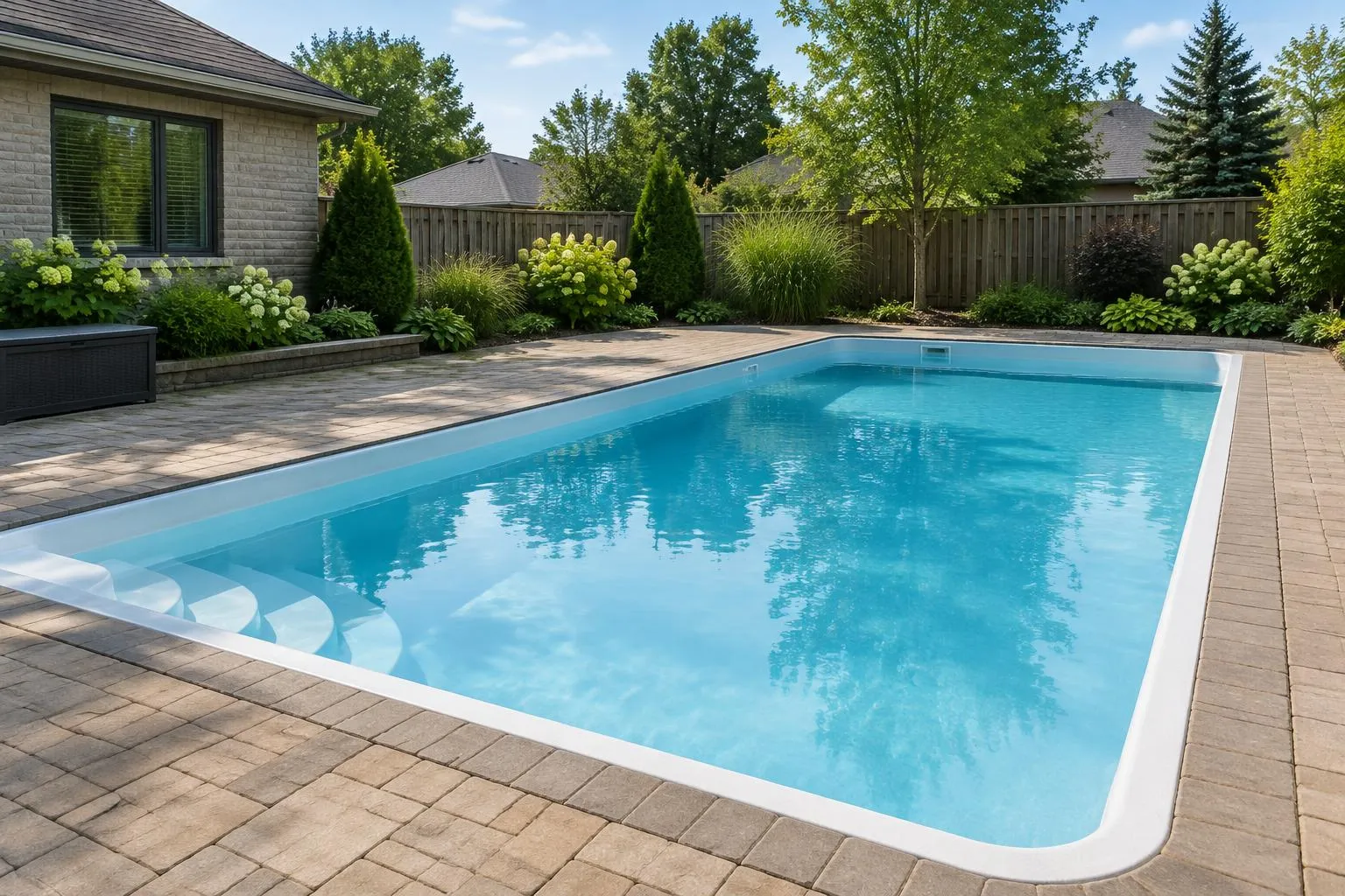 Rectangular fibreglass pool with a tan interlock deck in a Southern Ontario backyard