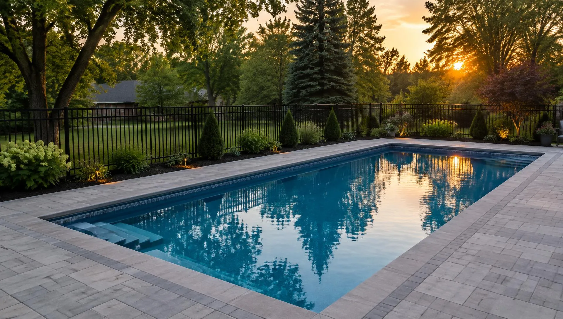 Inground pool with a light interlock deck and black aluminum pool fence in a Southern Ontario backyard