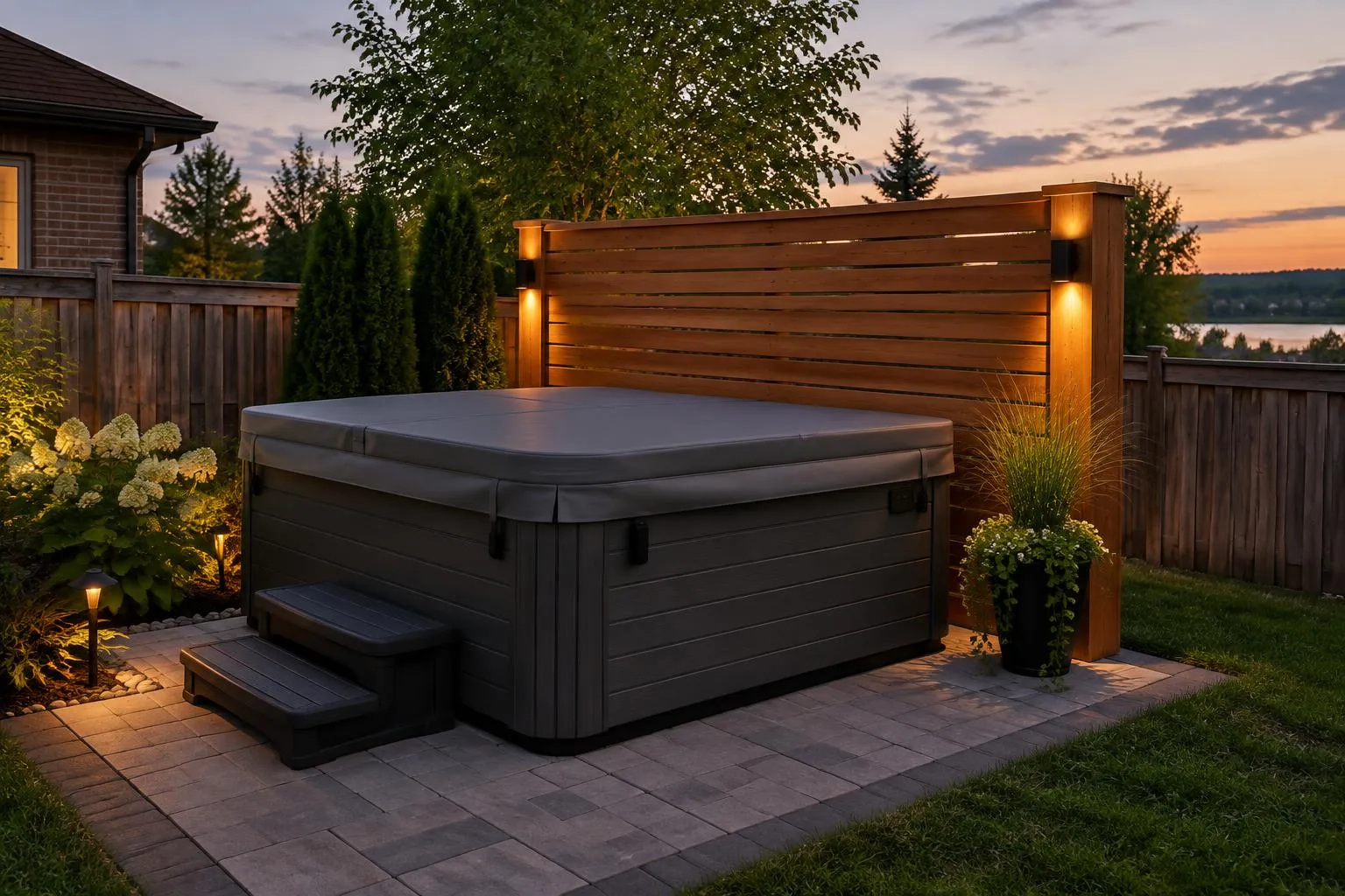 Hot tub with a grey cover on a paver pad beside a cedar privacy screen at dusk