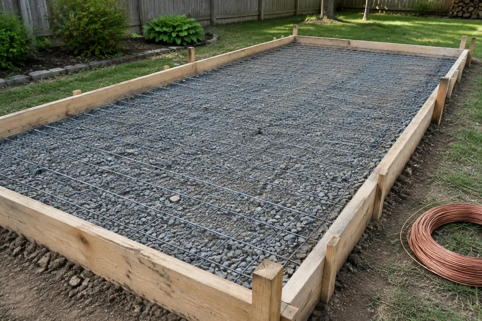 Concrete slab formed with wire mesh on a compacted gravel base, ready for pouring, in a backyard
