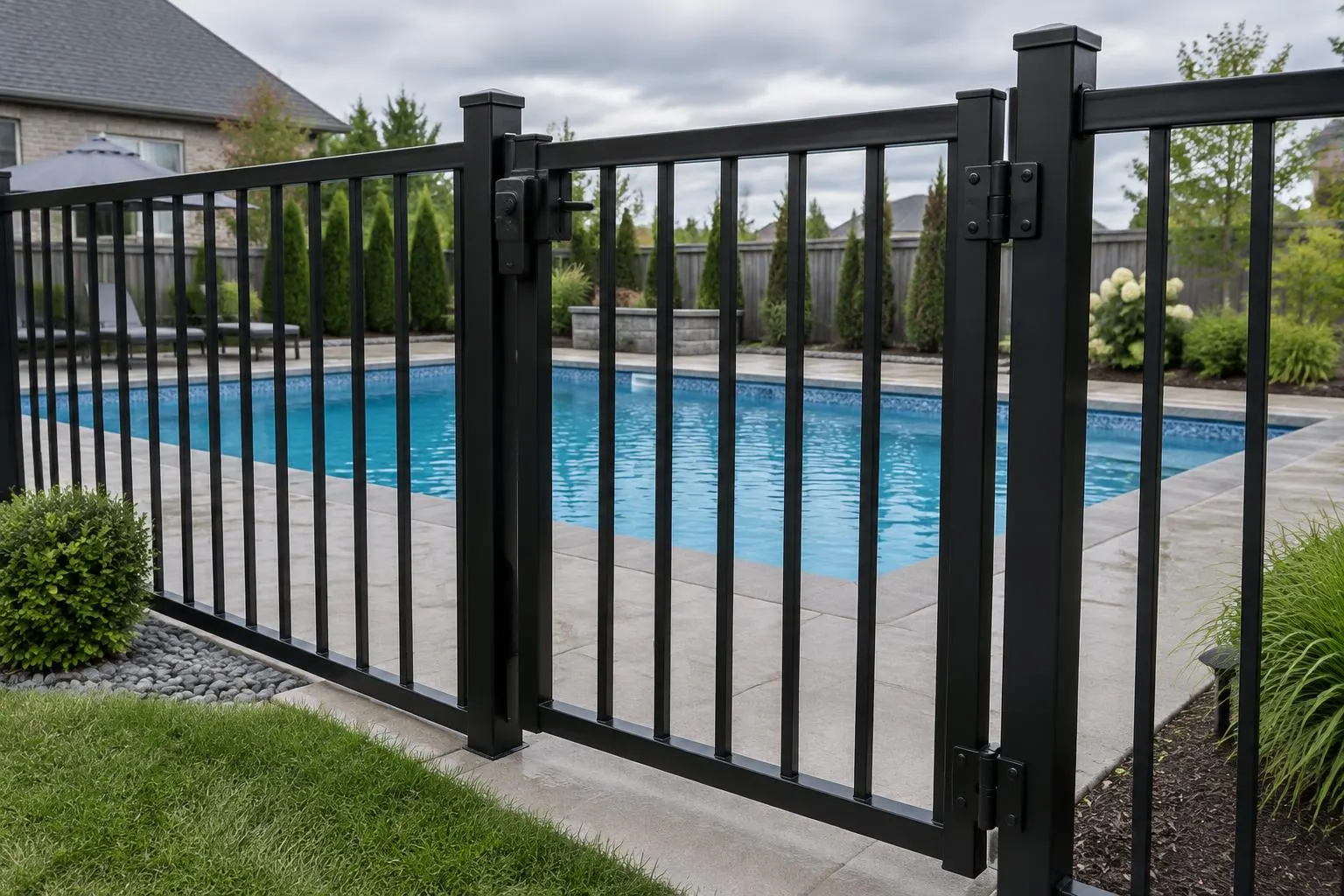 Black aluminum pool fence with a self-closing gate and raised latch beside a backyard pool