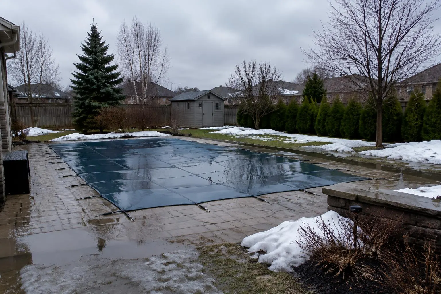 Covered inground pool in a backyard with melting snow and wet ground in early spring