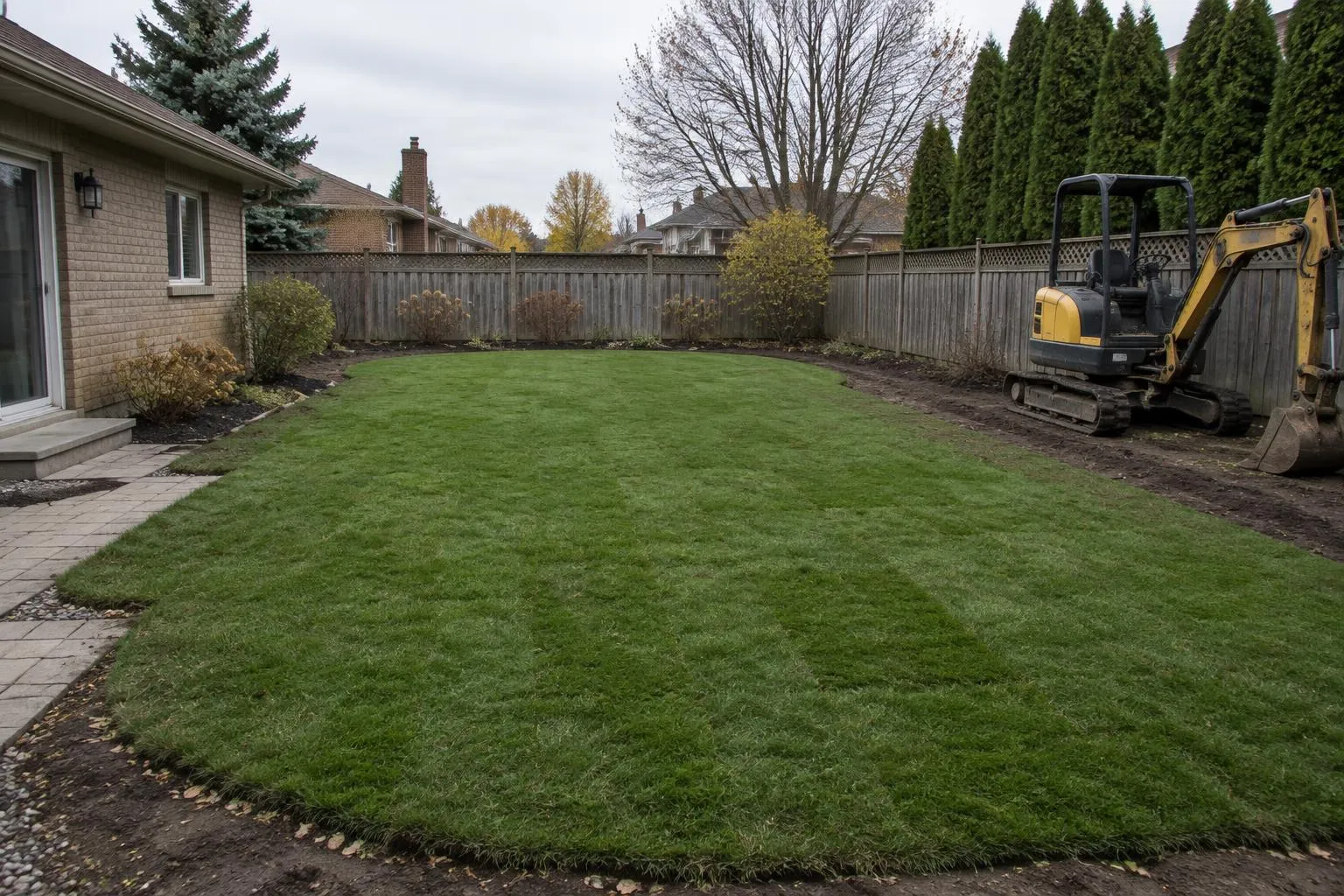 Ontario backyard with fresh sod over a filled-in pool area and a small excavator at the side