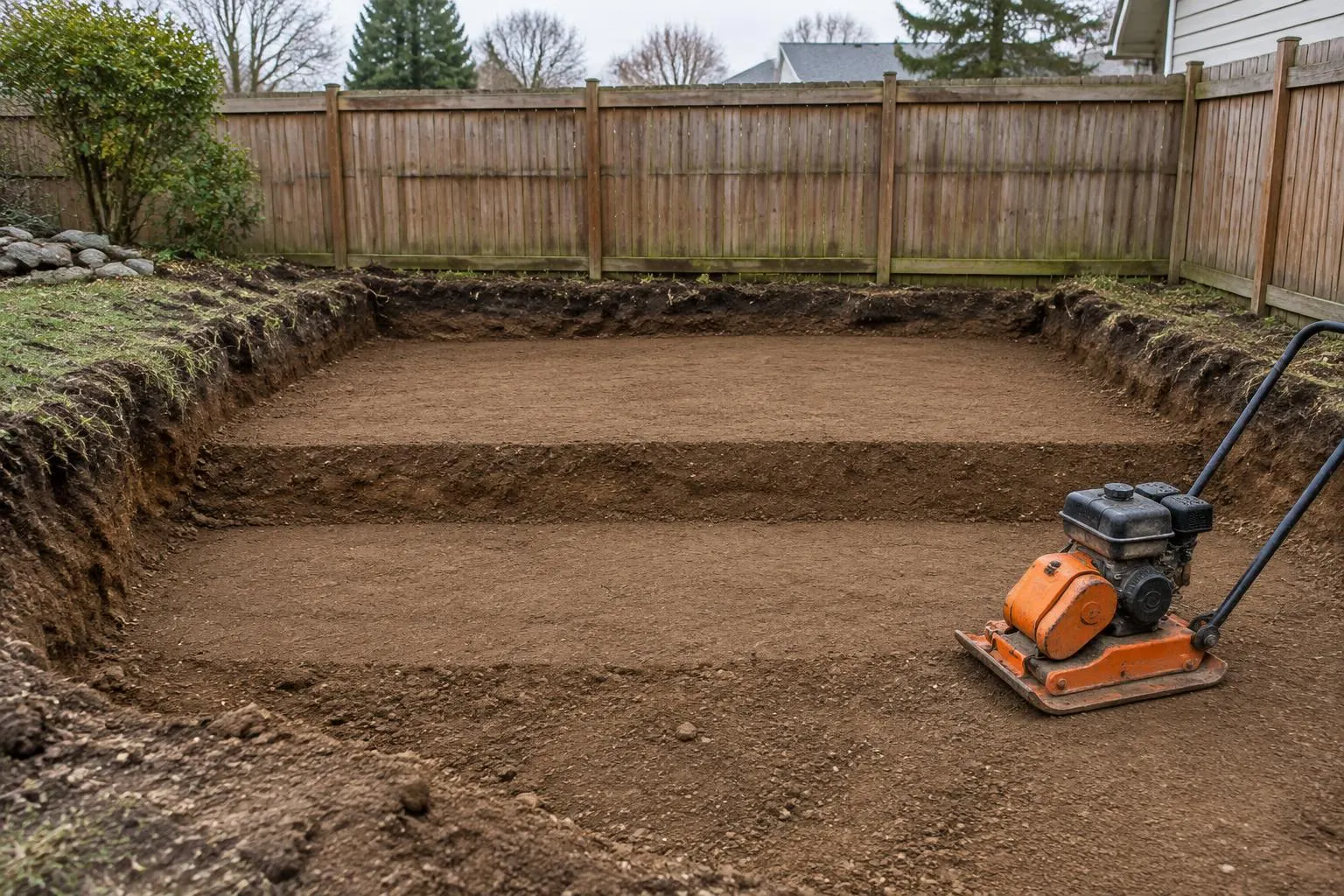 Layers of compacted fill soil in a backyard excavation beside a plate compactor, with no people