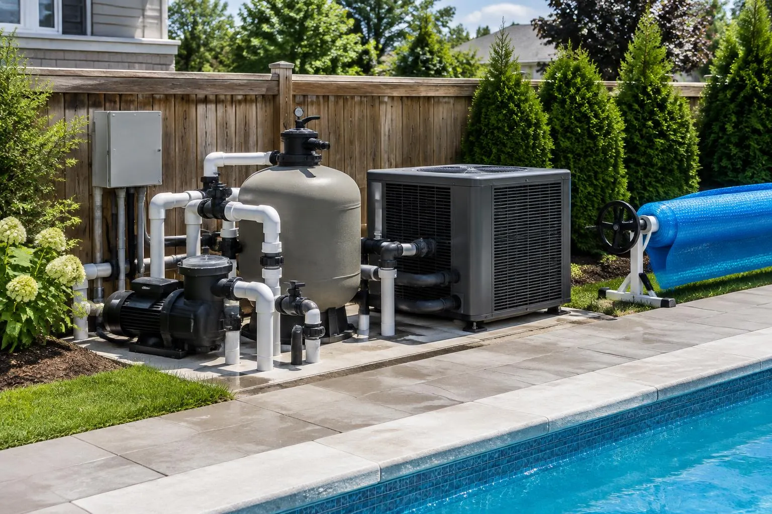 Pool equipment pad with a pump, sand filter and heat pump beside a pool, with a rolled solar cover
