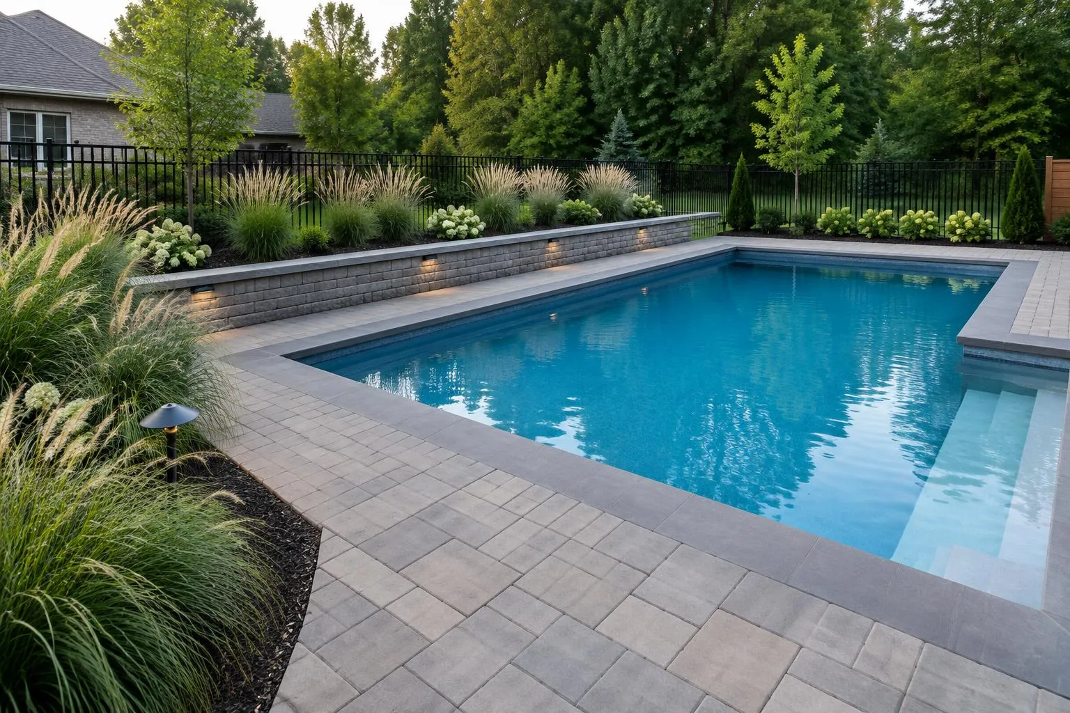 Interlock pool deck with a low retaining wall, ornamental grasses and a black aluminum fence in an Ontario backyard