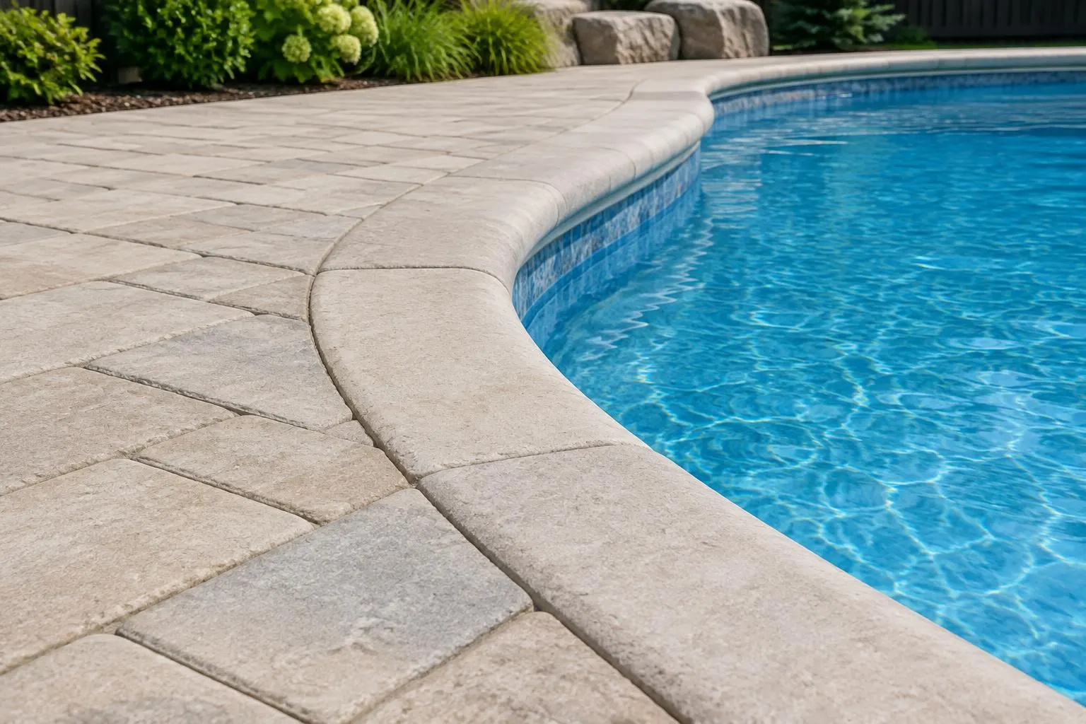 Close view of a light paver pool deck meeting bullnose stone coping at the water's edge