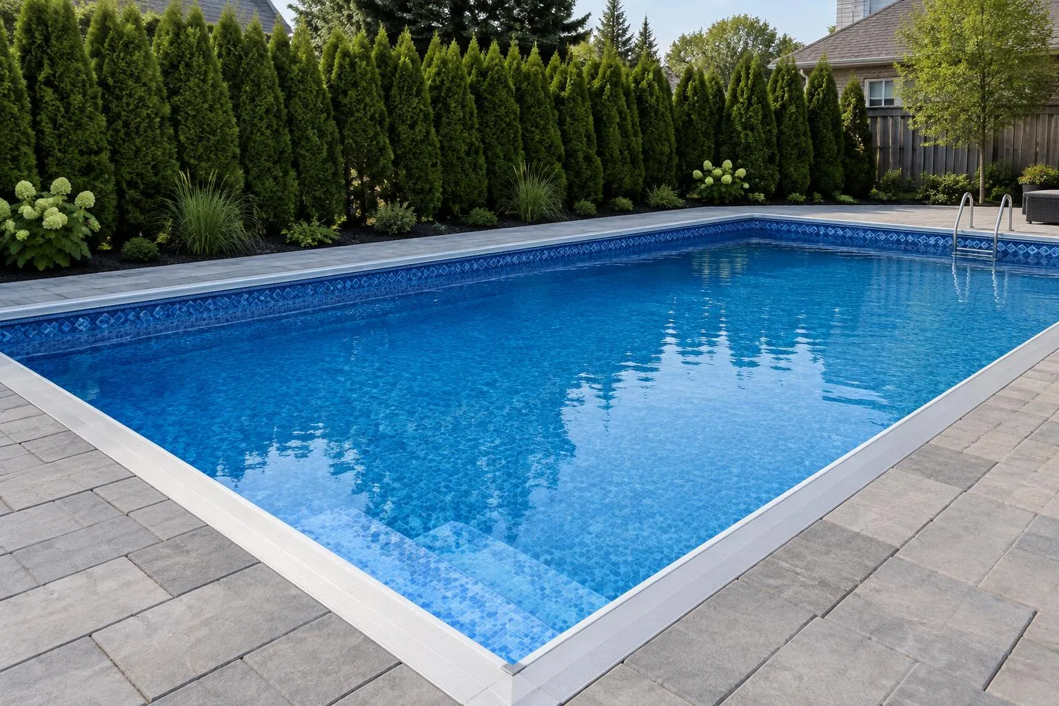 Vinyl liner pool with a blue patterned liner and grey paver deck beside a cedar hedge