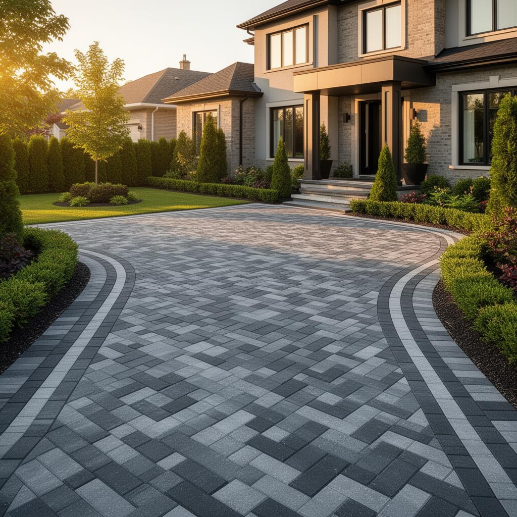 Completed premium interlock driveway with herringbone pattern in Hamilton Ontario Antoine Landscape Contractors