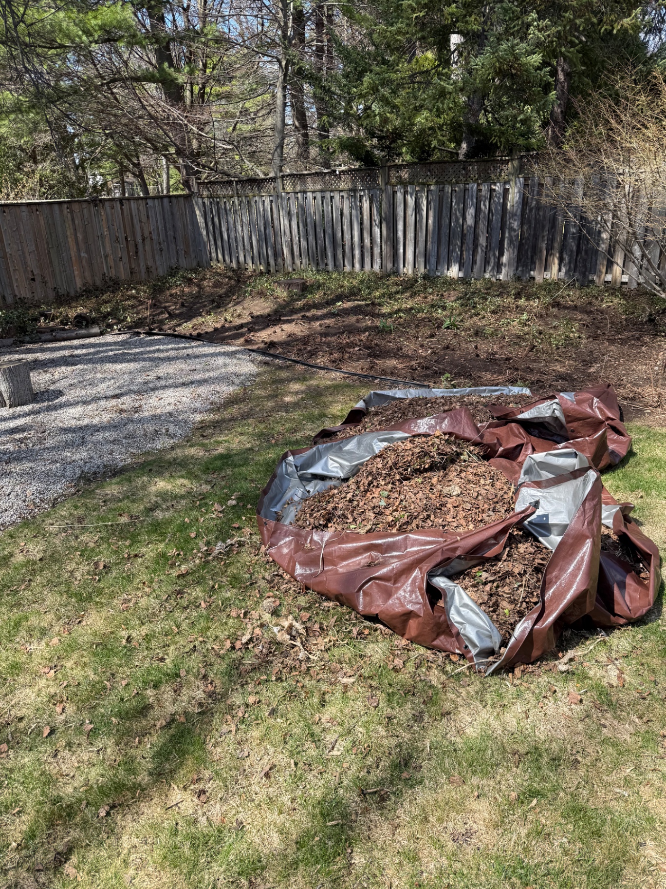 Antoine Landscape Contractors fall cleanup — backyard leaf pile tarped for haul-away in Ancaster
