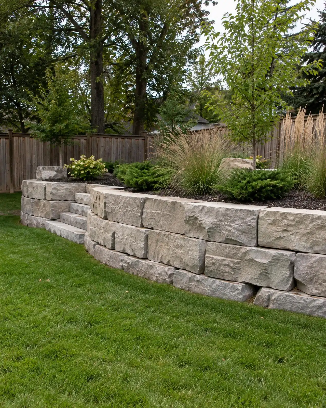 Curved limestone retaining wall with stone steps, planted terrace and lawn below
