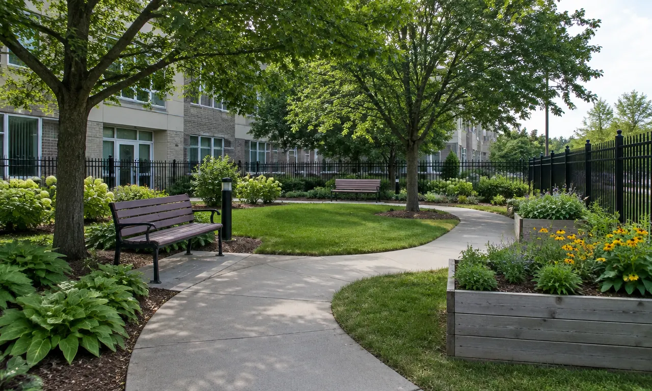 Enclosed care-home garden with looped path, shaded benches, raised planters and fence