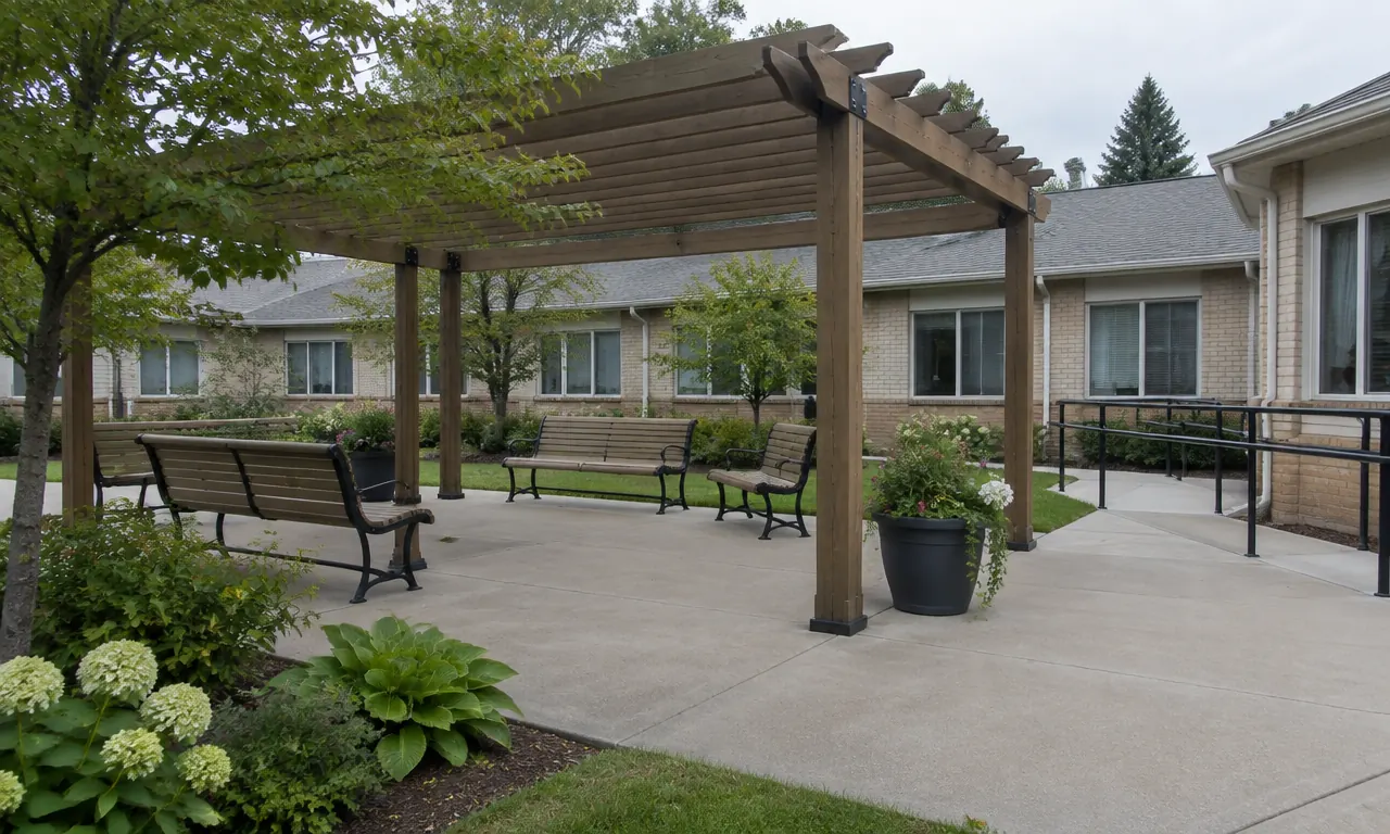 Shaded patio and benches under a pergola beside a low-rise care home
