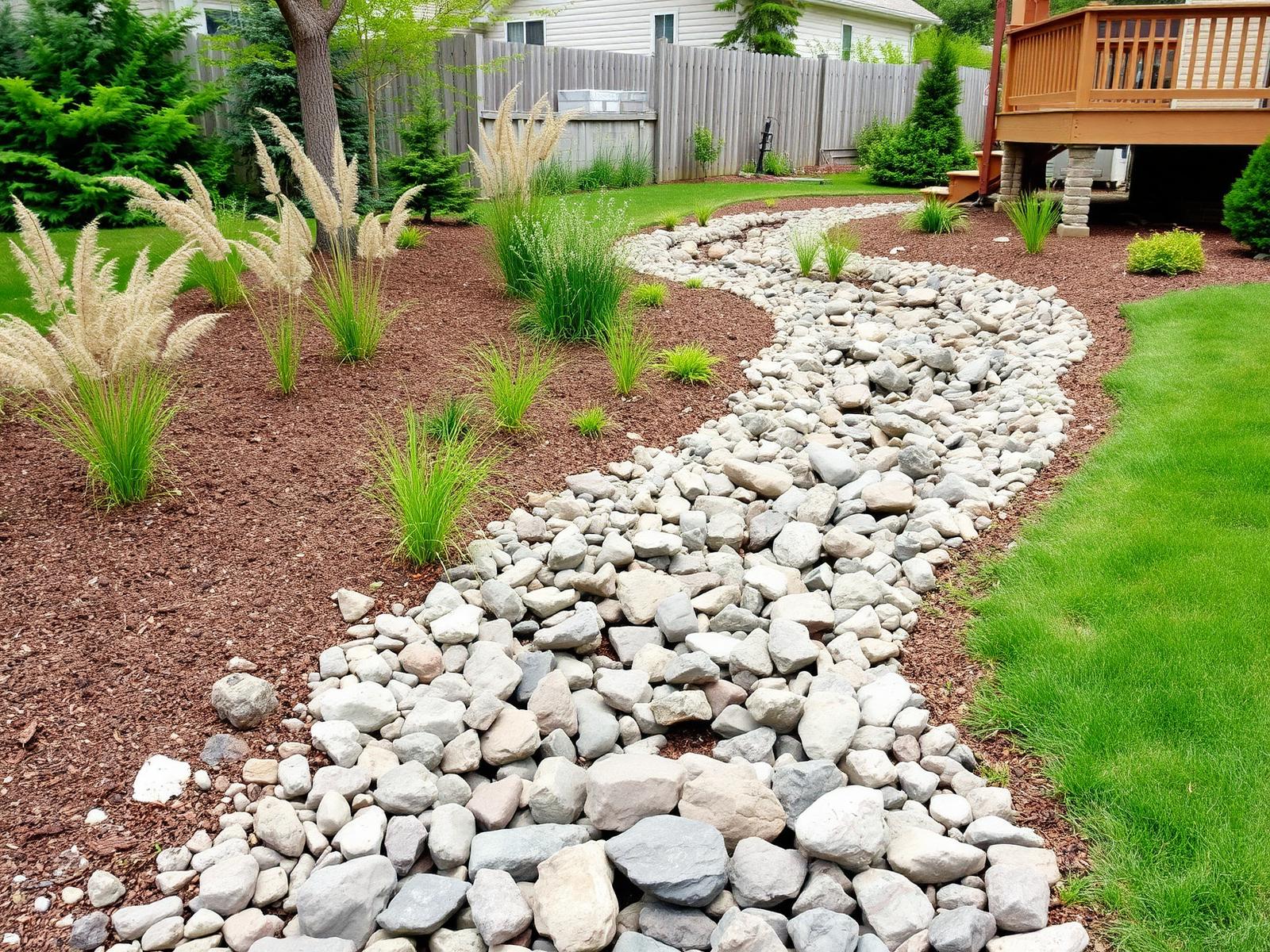 Dry creek bed drainage solution installed in a Hamilton backyard