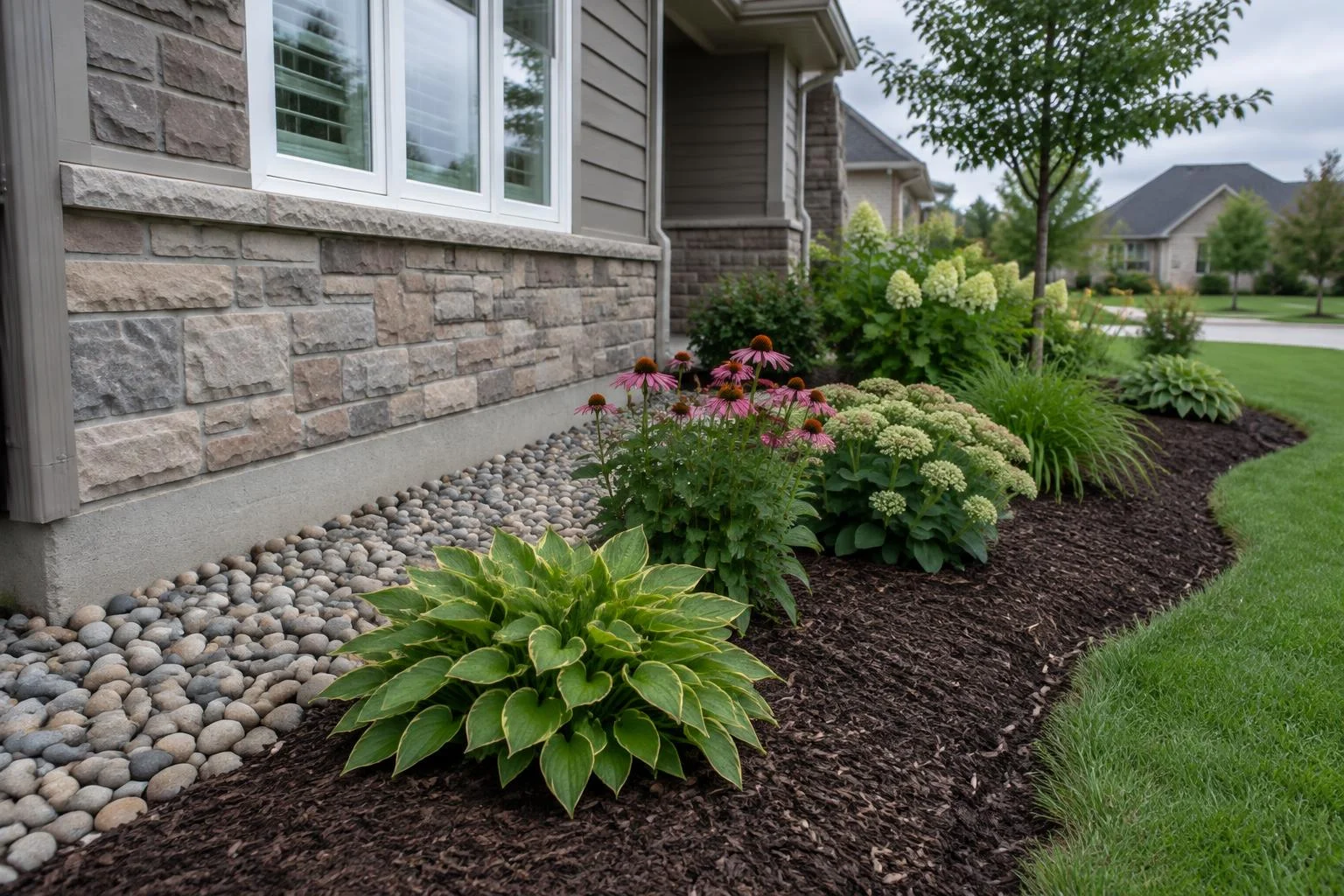 Front-yard bed with grey and tan river rock along a stone foundation changing to brown mulch around perennials