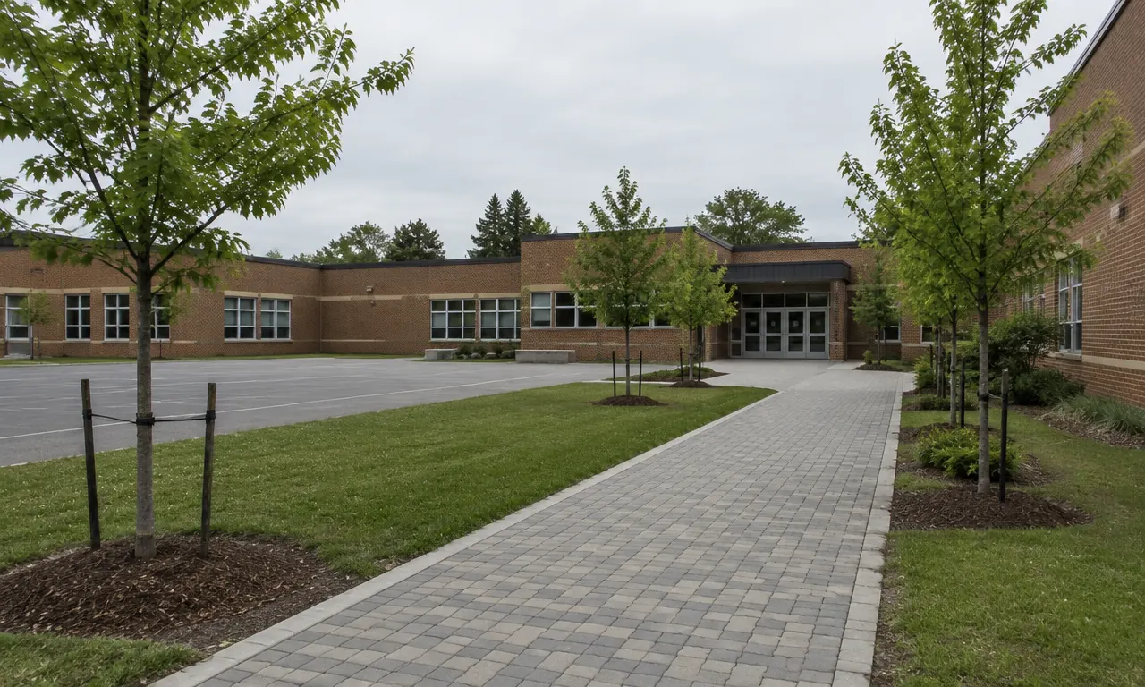 Empty brick school grounds with a new walkway and shade trees in summer