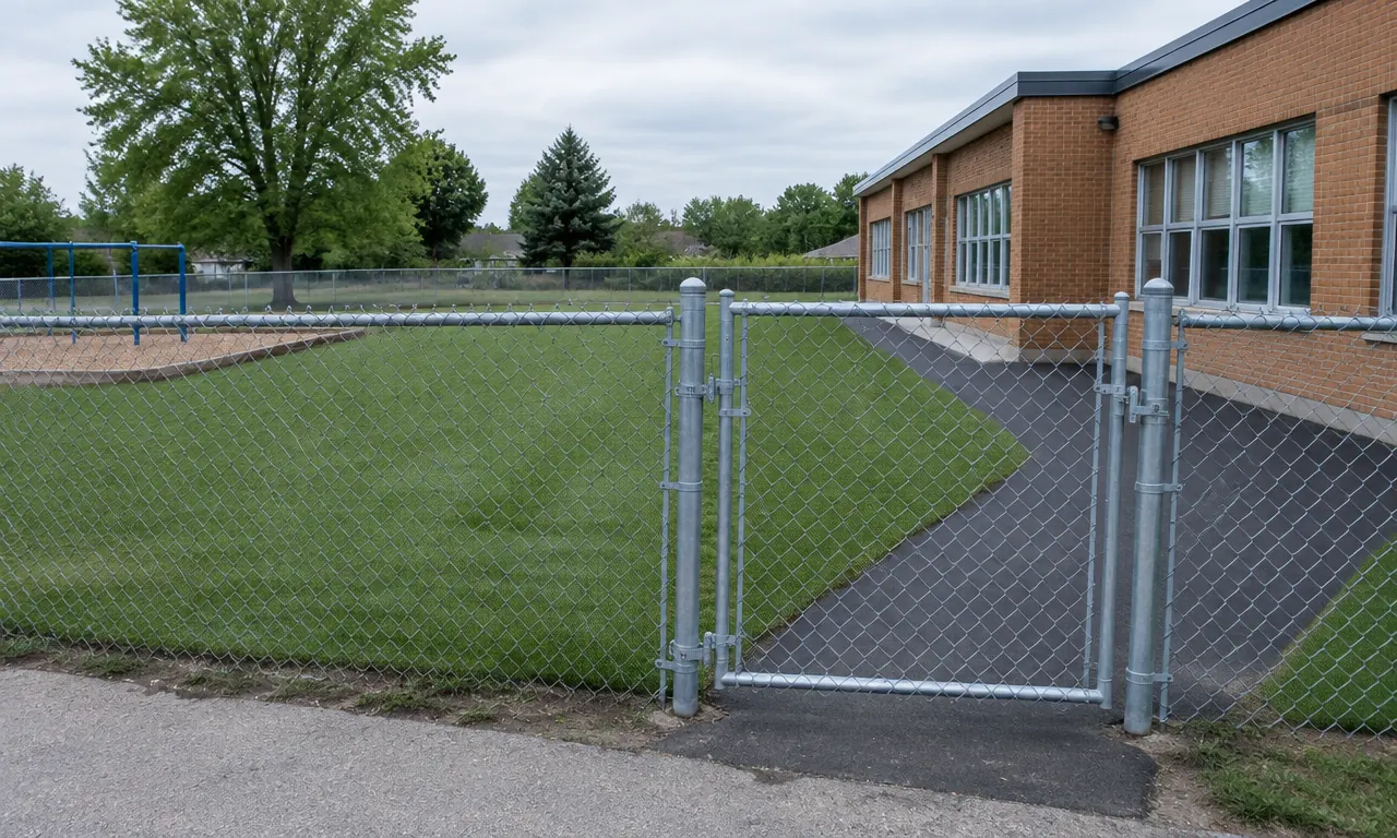 Chain-link gate beside an empty kindergarten yard with fresh sod and asphalt path