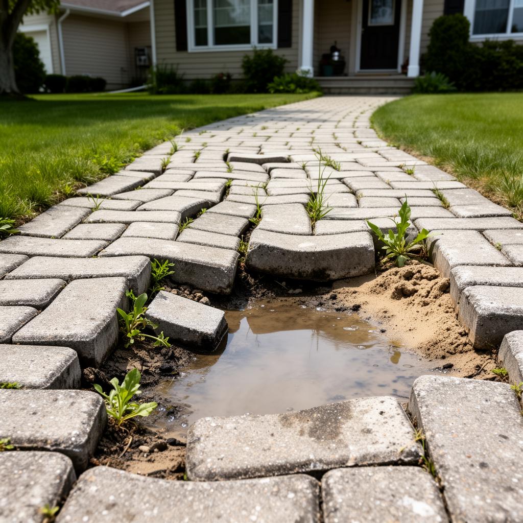 Sinking and uneven interlock pavers with sand washout and pooling water needing repair Hamilton Ontario