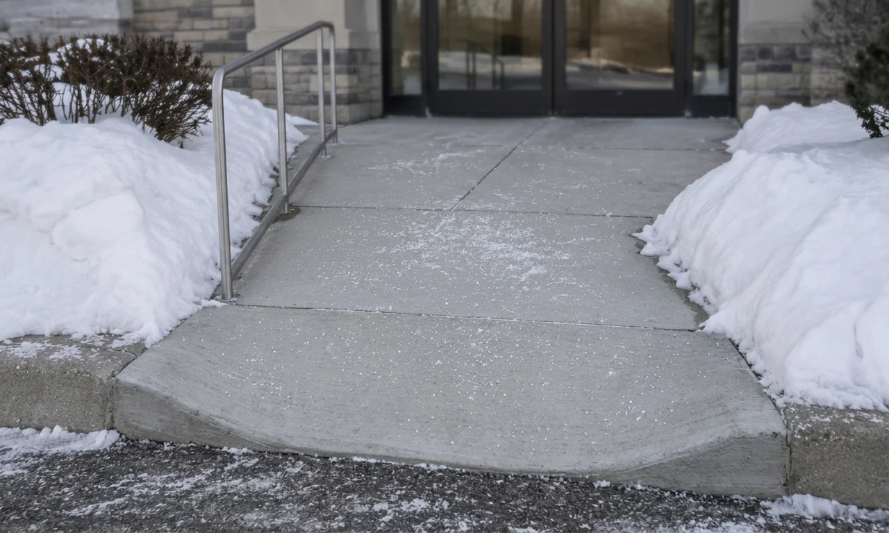 Cleared concrete entrance walk and curb ramp with light salt, snowbanks on both sides