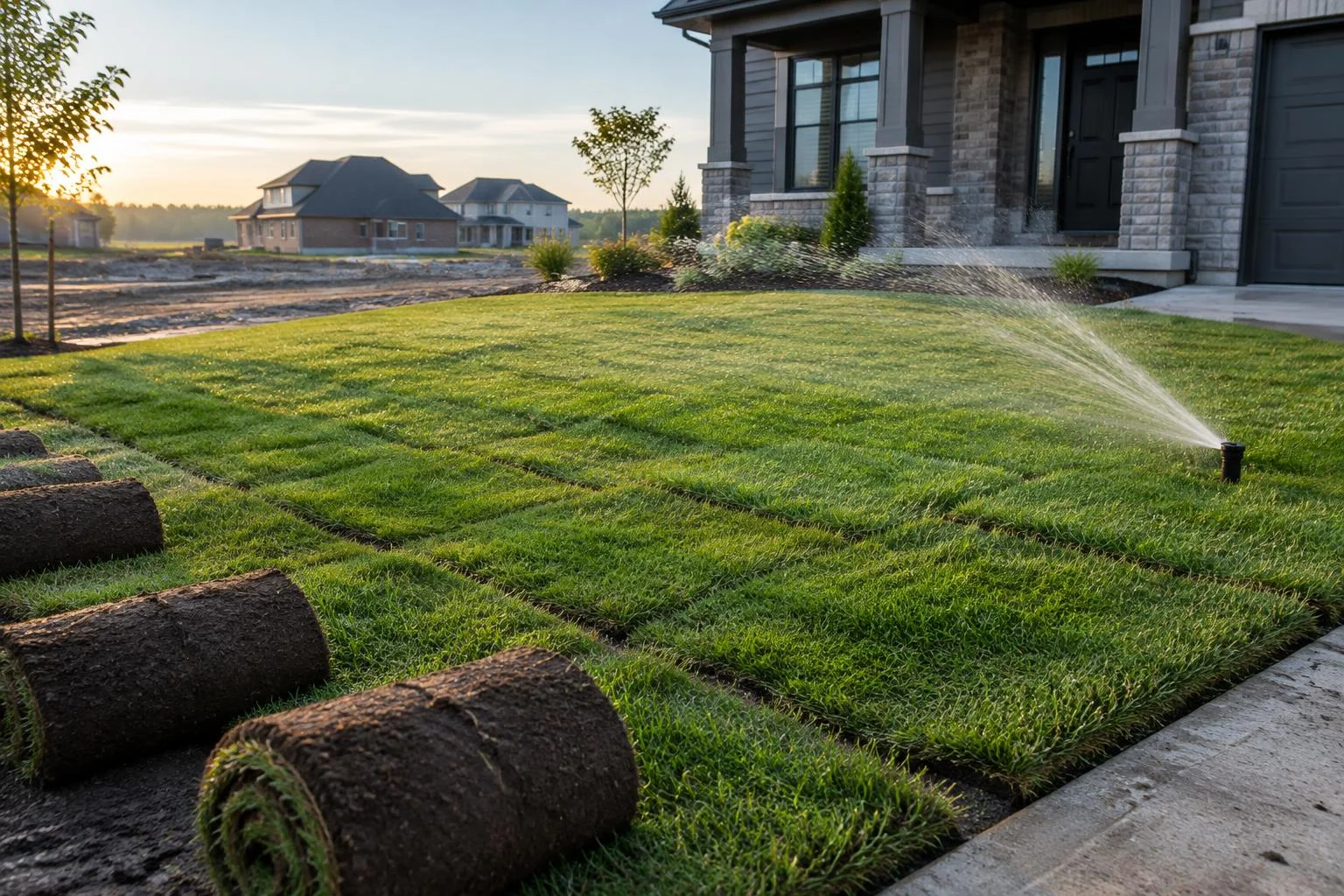 Freshly laid sod rolls with visible seams on a new front lawn with a sprinkler running at sunrise